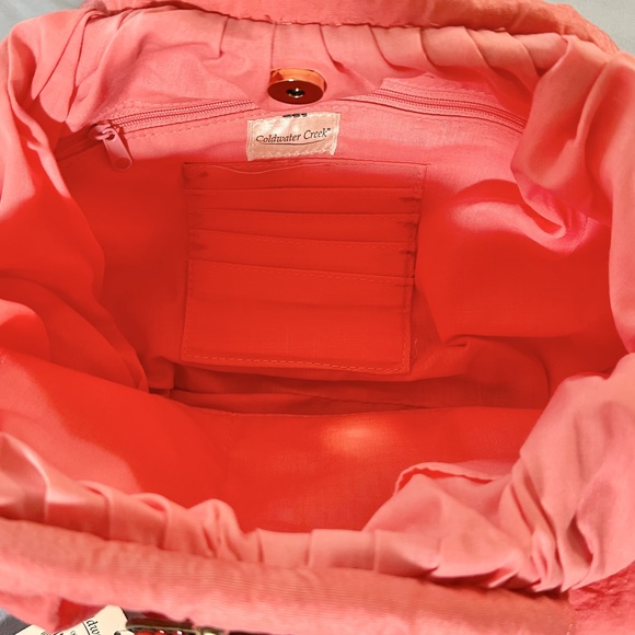 Coldwater Creek NWT Ornament Hobo, iridescent coral fabric and bamboo handles - Picture 8 of 11